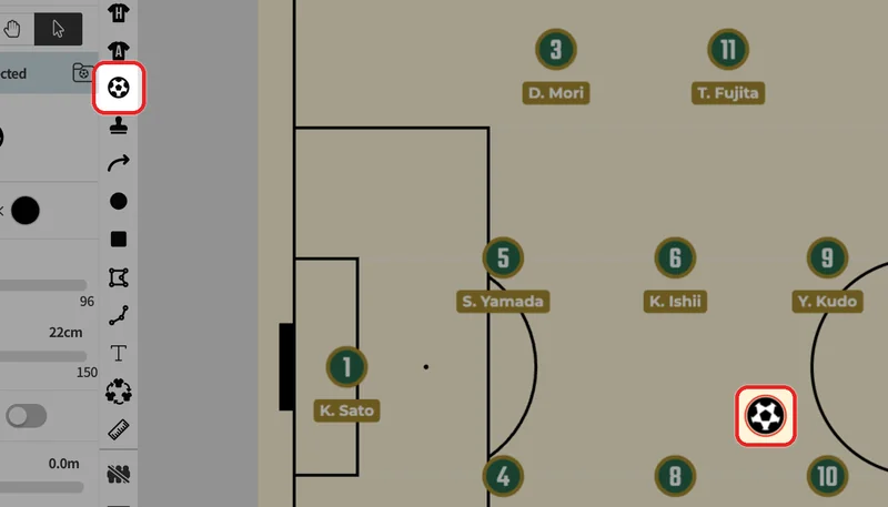Choose in the toolbar and click the field to place a ball.