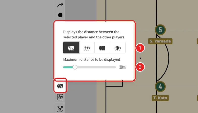 Press in the toolbar and choose which players to measure to.
