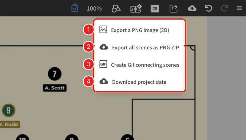 The export menu opens (a static board with two or more scenes).