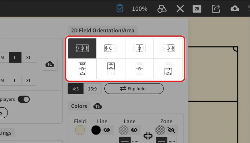 Press a layout button (for example, the left one in the bottom row for the full pitch in portrait).