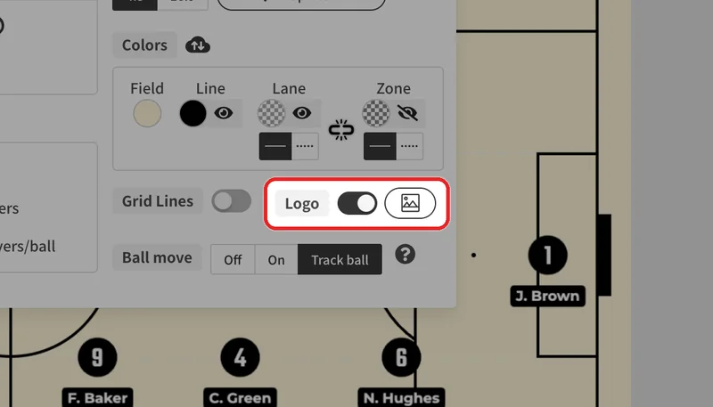 Show or hide the logo with the "Logo" switch, and set a custom logo with on the right.