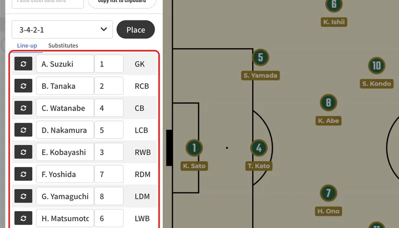 Names and numbers are filled in from the top. Rows beyond the number of starters go to Substitutes.