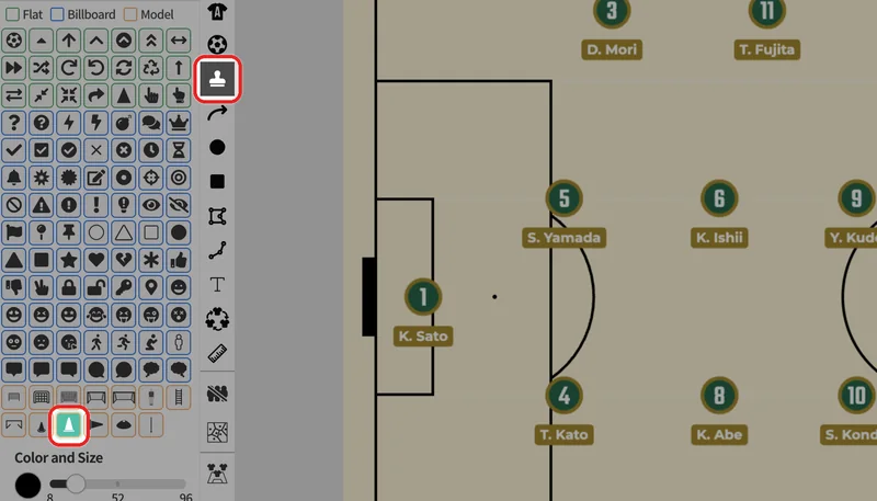 Choose in the toolbar, then pick the marker you want (for example, a cone) from the list in the panel.