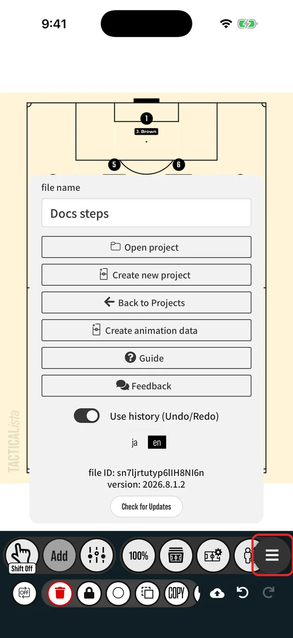 The menu opened with at the right end of the toolbar.