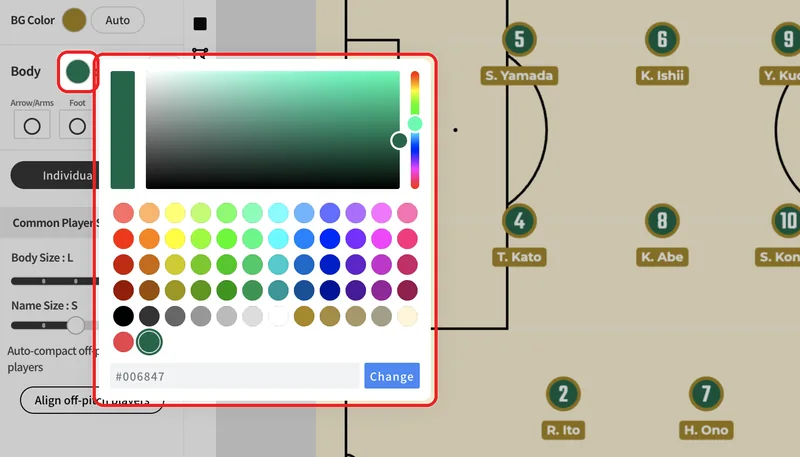 Press the body color, choose a color, and press "Change".