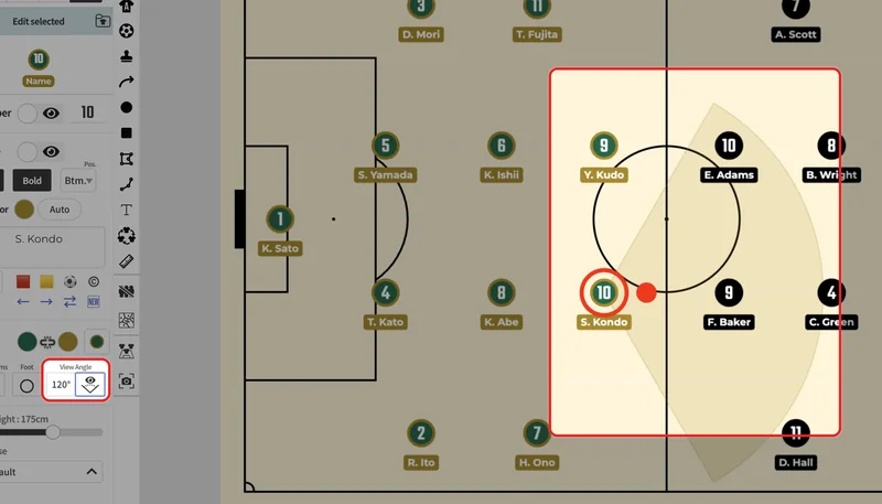 Select a player and press under "View Angle" in the panel. A cone showing the field of view appears in front of the player.