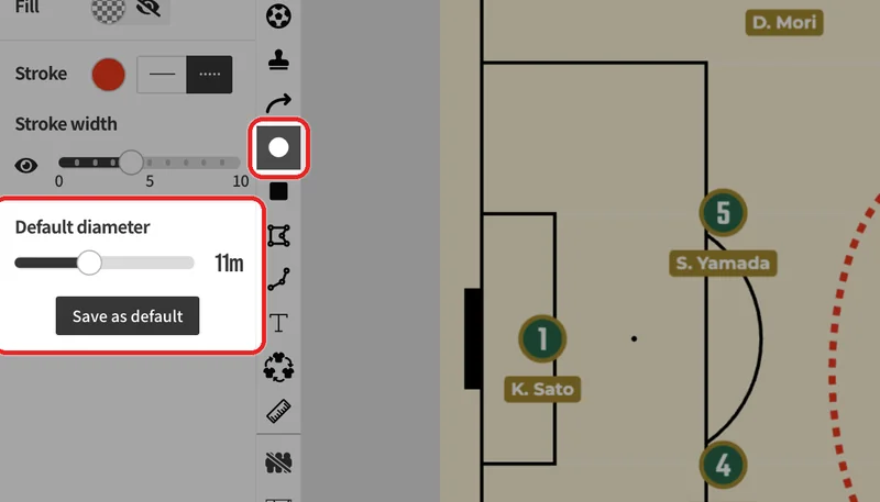 Choose the oval tool to show "Default diameter" in the panel. Changing the value shows "Save as default".