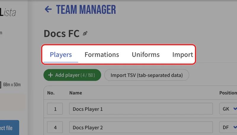 The team is created. Register its contents on the "Players", "Formations", "Uniforms", and "Import" tabs.