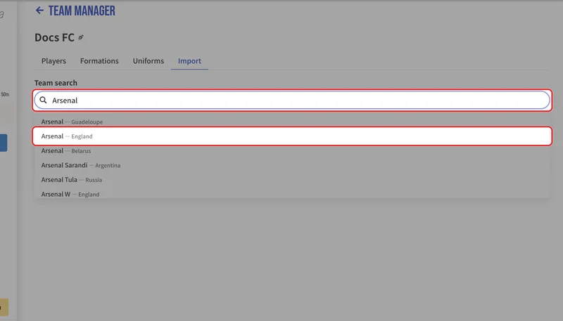 On the "Import" tab, enter at least two characters of the team name and choose the team.