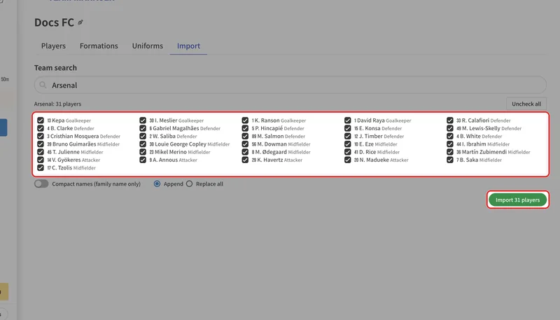 Select the players to import and press "Import N players".