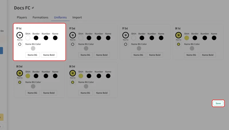 There are six uniforms. They are applied to the players' appearance when you place them on a board.