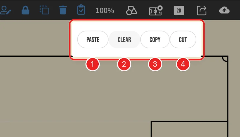 クリップボードのメニュー。PASTE と CLEAR はクリップボードにオブジェクトがあるときに表示されます。